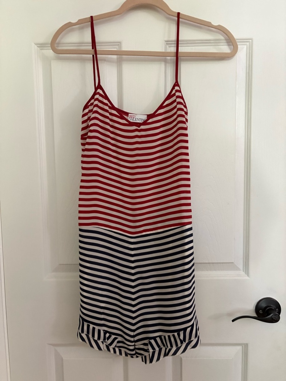 RED Valentino Red, White & Navy Striped Spaghetti strap Romper w mini ruffles